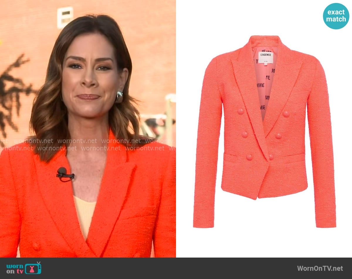 L'Agence Brooke Jacket in Bright Orange worn by Rebecca Jarvis on Good Morning America