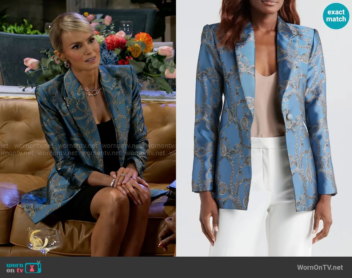 L'Agence Sheila Blazer in Blue Horizon/ Silver Good Luck worn by Vanessa McBride (Lauren Buglioli) on Beyond the Gates