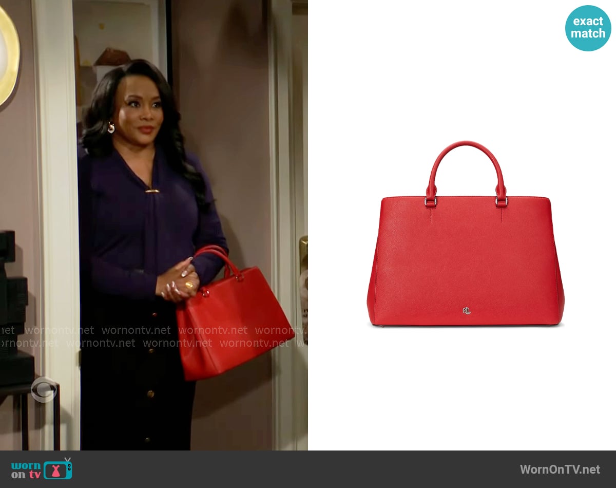 LAUREN Ralph Lauren Crosshatch Leather Large Hanna Satchel worn by Stephanie (Vivica A. Fox) on The Young and the Restless