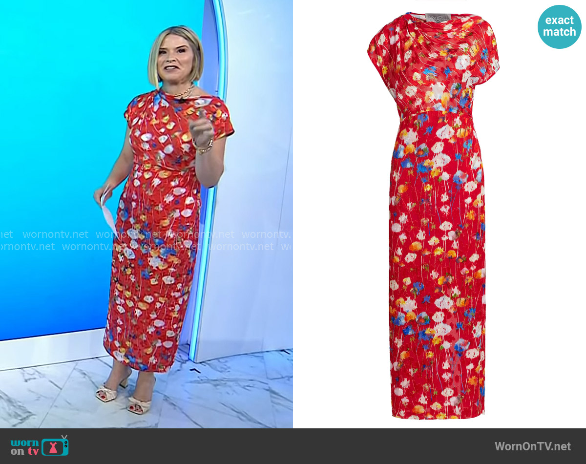 Lela Rose Floral Print Draped Sheath Dress in Poppy worn by Jenna Bush Hager on Today