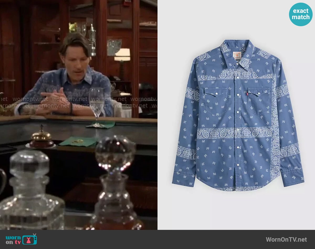 Levis Classic Western Shirt in Azad Paisley Ensign Blue Poplin Blue worn by Daniel Romalotti (Michael Graziadei) on The Young and the Restless