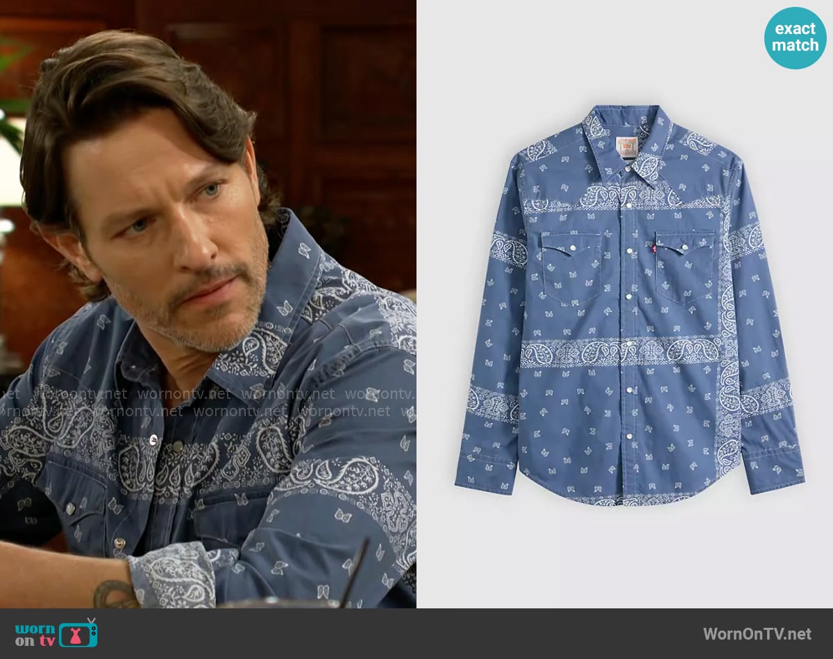 Levis Classic Western Shirt in Azad Paisley Ensign Blue Poplin Blue worn by Daniel Romalotti (Michael Graziadei) on The Young and the Restless