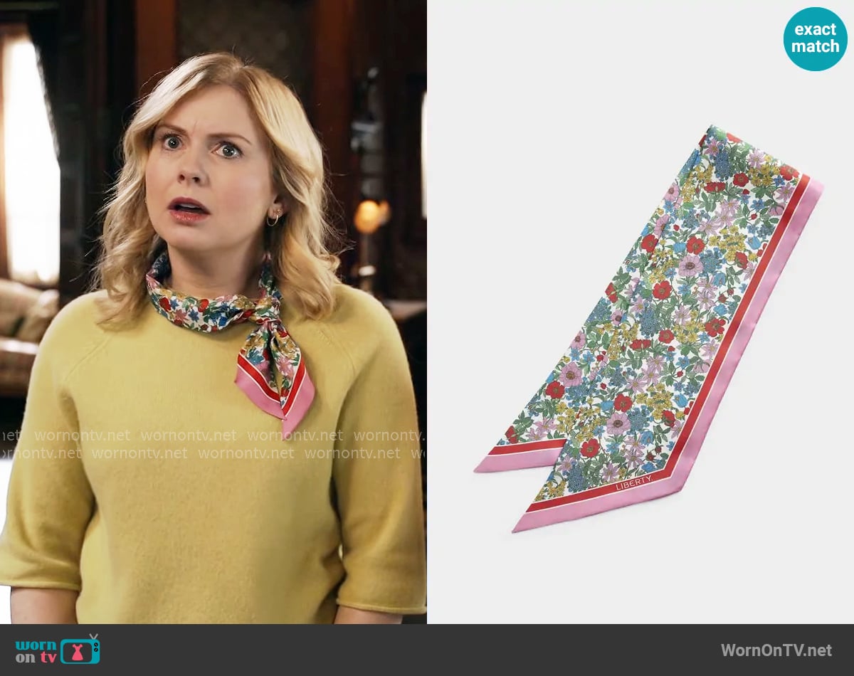 Liberty Lush blooms tie-up silk scarf worn by Sam (Rose McIver) on Ghosts