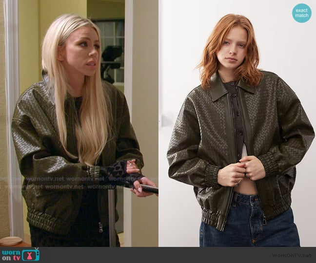 Lioness Leather look weave detail bomber jacket in bottle green worn by Lacy Nicole on The Valley