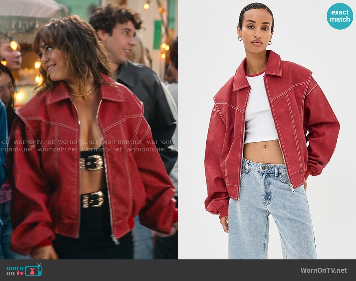 Lioness Vista Bomber in Crimson worn by Allie Hayes (Mika Abdalla) on Off Campus