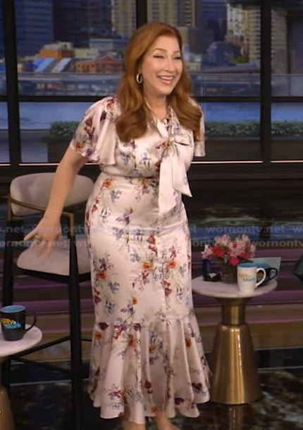 Lisa Ann Walter’s floral print tie neck dress on Live with Kelly and Mark