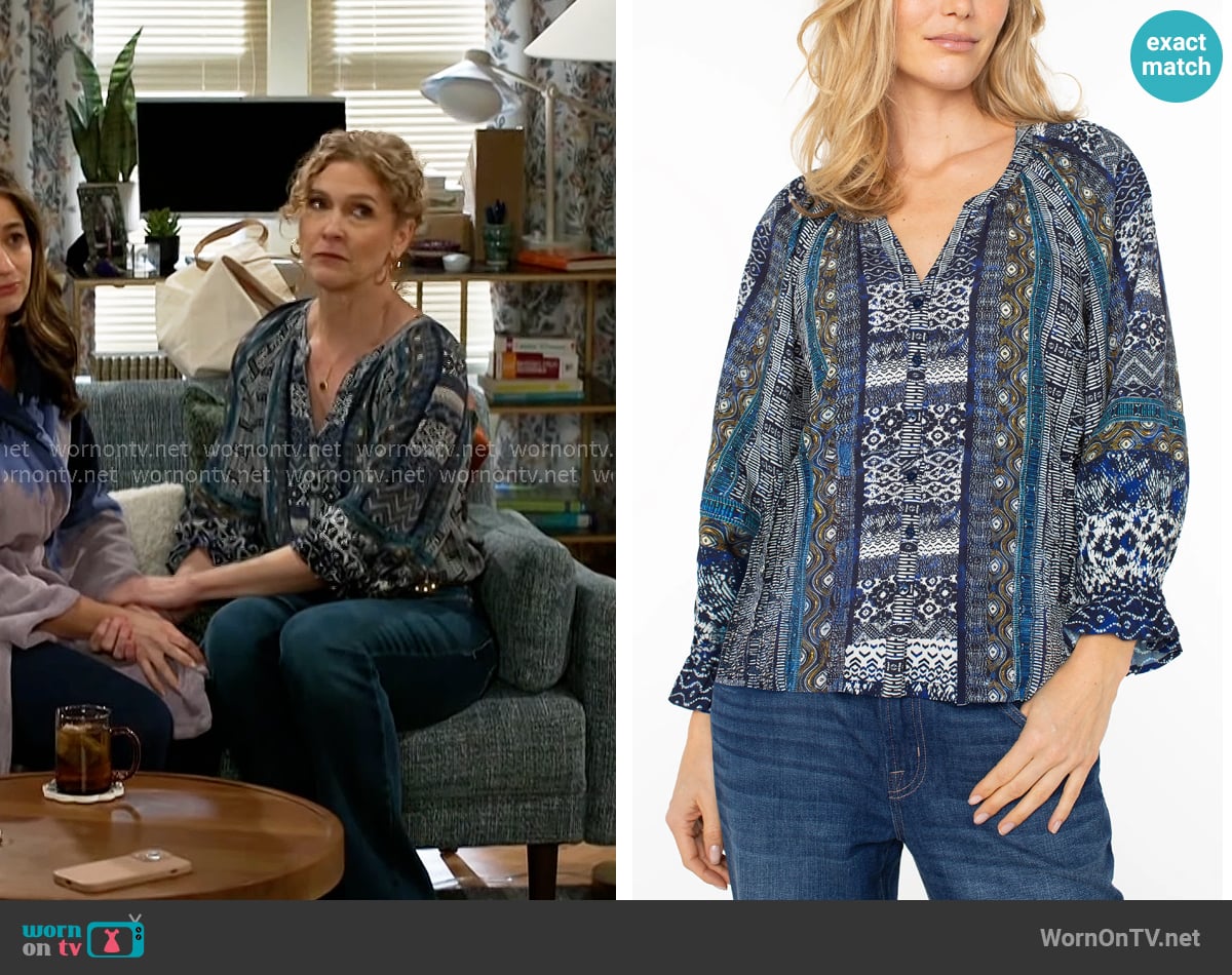 Liverpool Three Quarter Sleeve Shibori Print Shirt worn by Jan Morgan (Jerri Tubbs) on Beyond the Gates