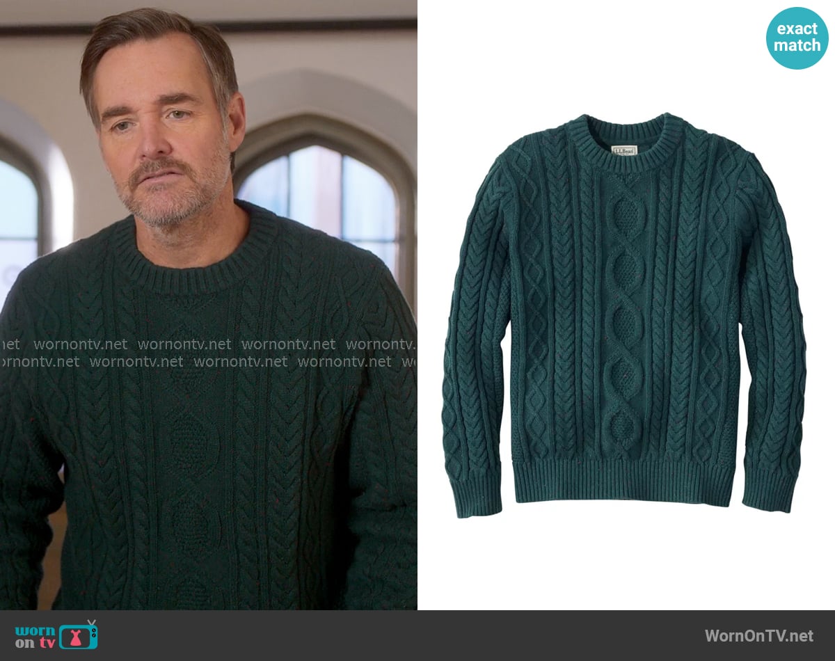 LL Bean Heritage Soft Cotton Fisherman Sweater in Deepest Green Donegal worn by Jack (Will Forte) on The Four Seasons