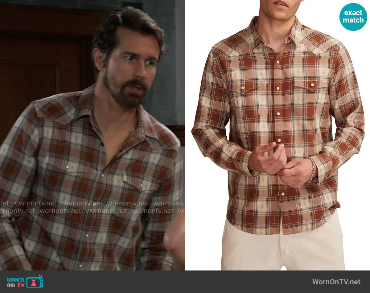 Lucky Brand Dobby Plaid Western Shirt in Rust Multi worn by Cody Bell (Josh Kelly) on General Hospital