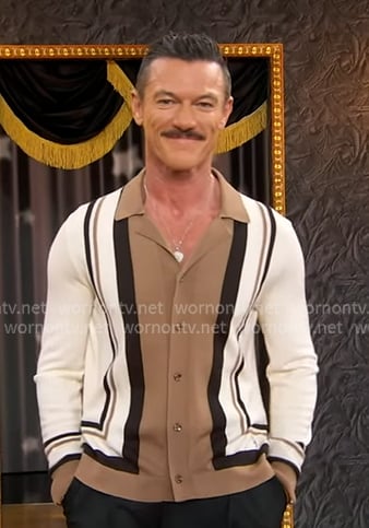 Luke Evans’s white paneled cardigan on Good Morning America
