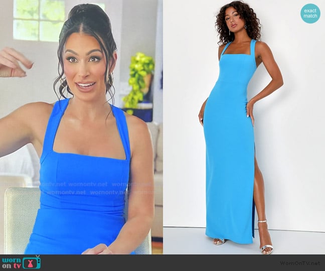 Lulus Glamorous Dedication Blue Sleeveless Column Maxi Dress worn by Ashley Iaconetti on The Real Housewives of Rhode Island