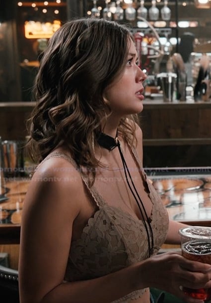 Maddie’s beige floral lace bralette on Marshals