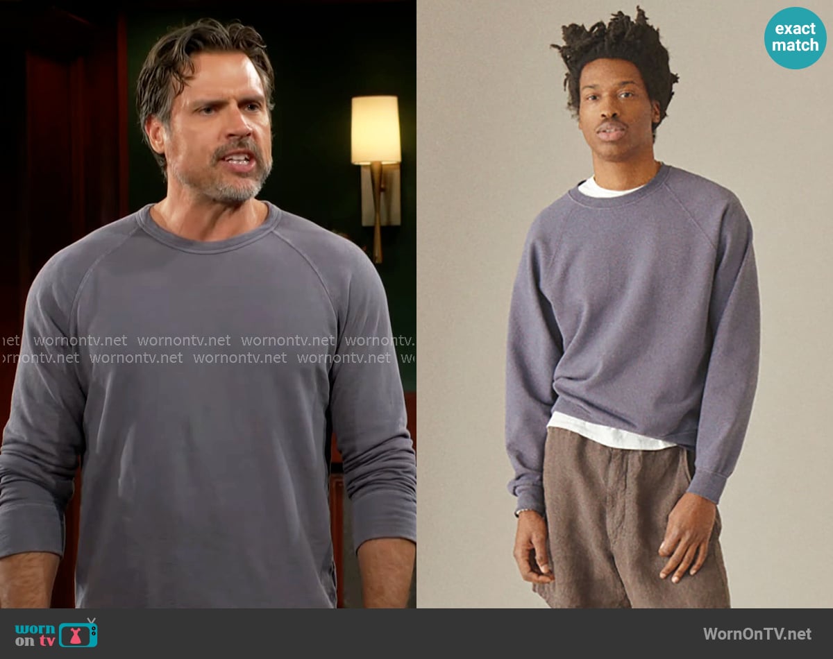 Madewell Crewneck Sweatshirt in Loopback Terry in Industrial Blue worn by Nick Newman (Joshua Morrow) on The Young and the Restless