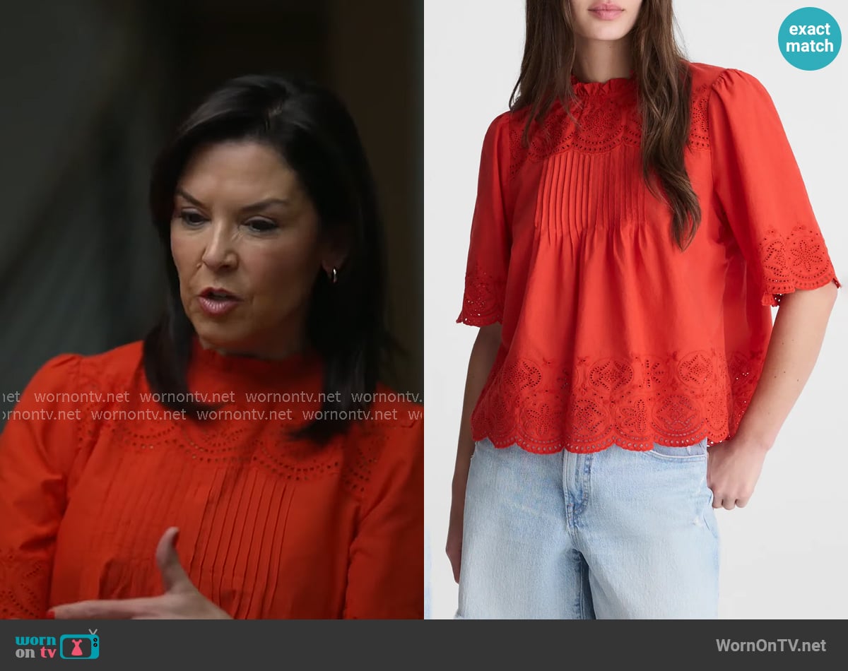 Madewell Embroidered Pintuck High-Neck Top in Wild Poppy worn by Meg Oliver on CBS Mornings