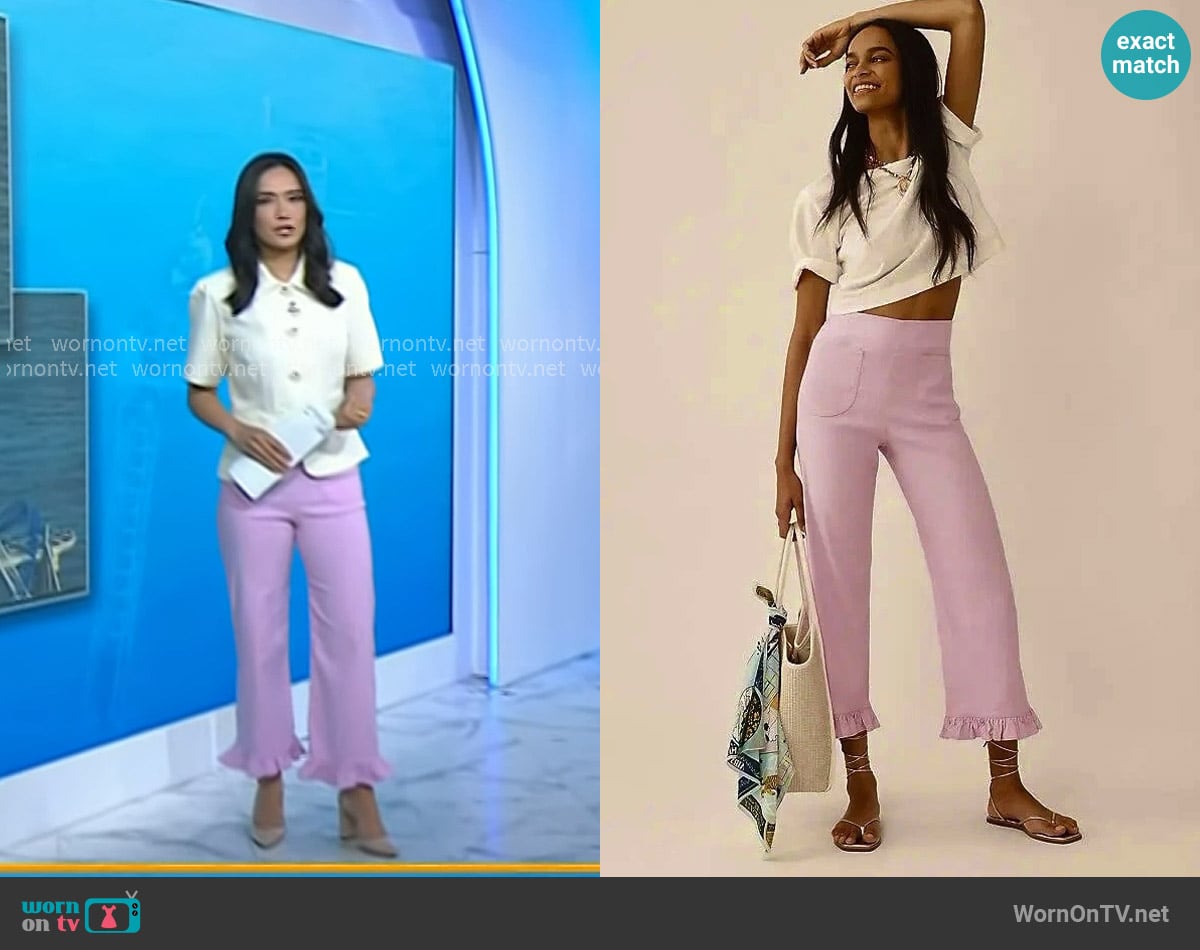 Maeve Colette Magic Fabric Ruffle-Hem Crop Wide-Leg Pants in Pink Lilac worn by Emilie Ikeda on Today