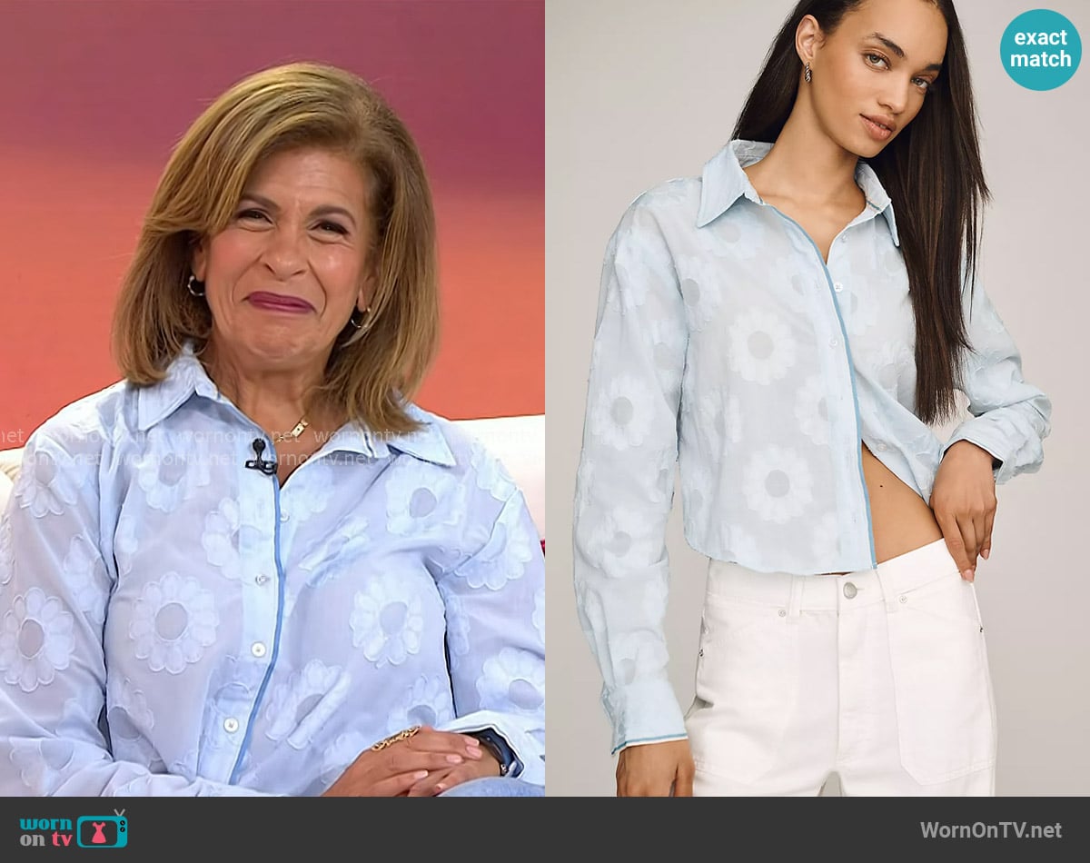 Maeve Floral Crop Buttondown Shirt in Ice Water worn by Hoda Kotb on Today
