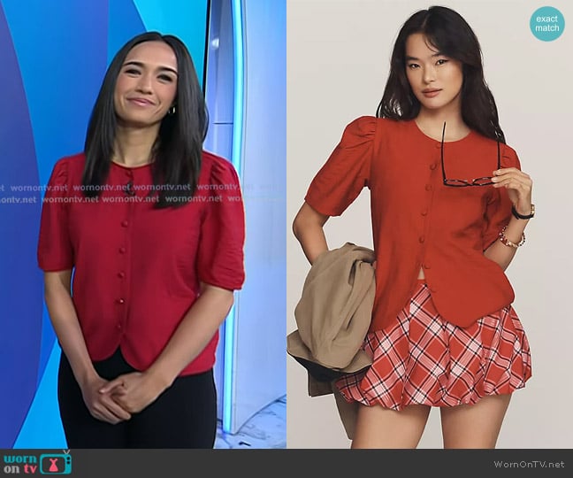 Maeve Puff-Sleeve Button-Front Top in Red worn by Emilie Ikeda on Today
