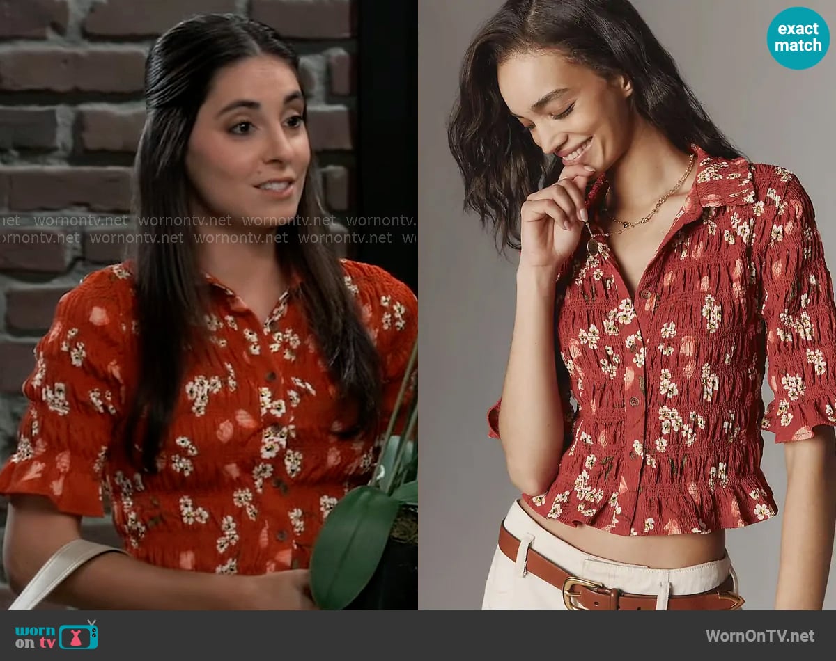 Maeve Smocked Button-Front Top in Red Floral worn by Molly Lansing-Davis (Kristen Vaganos) on General Hospital