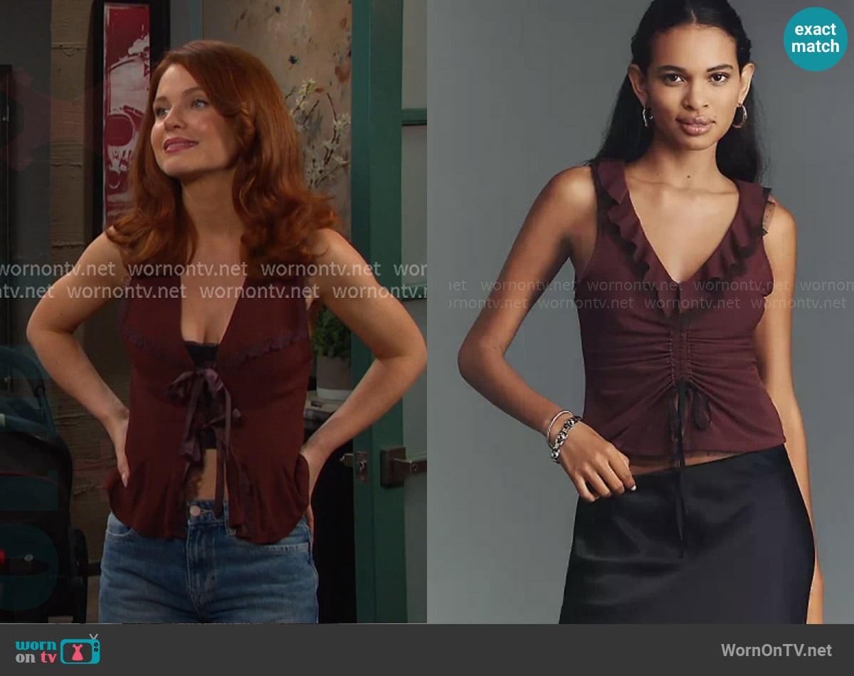 Maeve Tie-Front V-Neck Top in Brown worn by Joy Wesley (AlexAnn Hopkins) on Days of our Lives