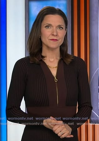 Maggie’s brown striped half-zip knit dress on Good Morning America