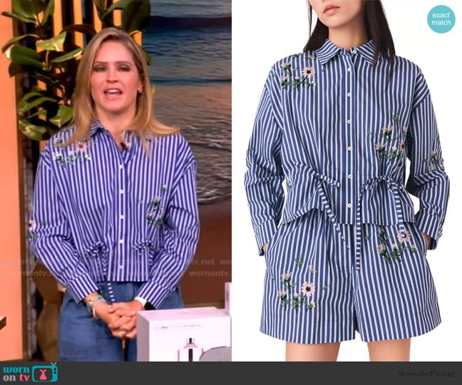 Maje Beaded Floral Striped Shirt worn by Sara Haines on The View