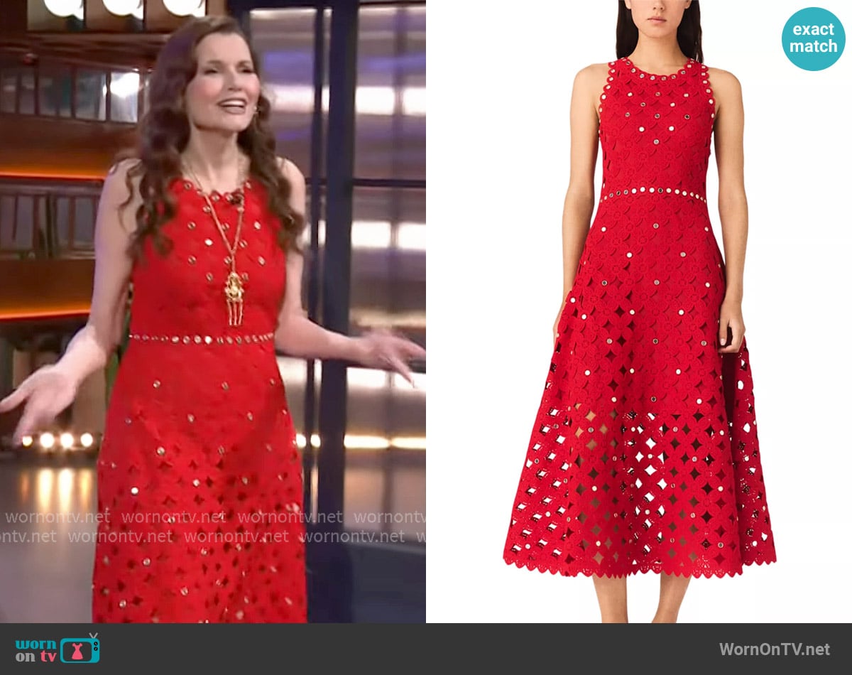 Maje Crochet Dress with Mirror Embellishments worn by Geena Davis on The Kelly Clarkson Show