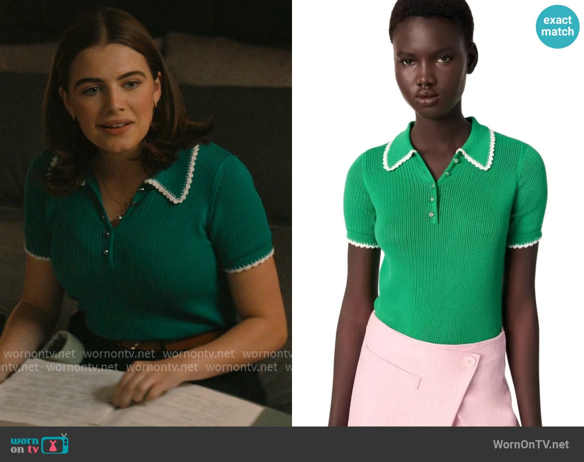 Maje Pointelle knit crochet polo worn by Hannah Wells (Ella Bright) on Off Campus