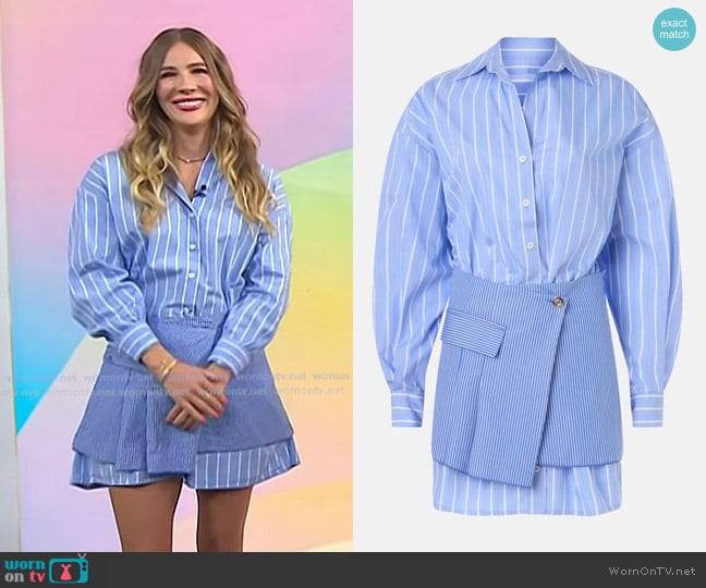 Maje Striped Long Sleeve Mini Dress in Blue and White worn by Emily Henry on Today