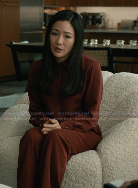 Mallory’s burgundy silk blouse on Elsbeth