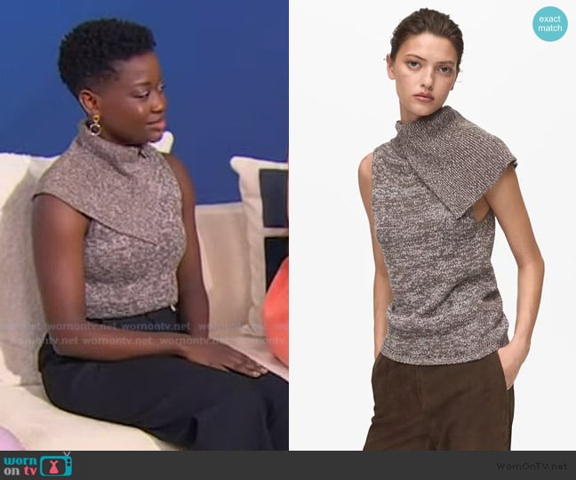 Mango Mottled Wrap Collar Sweater Vest worn by Oyin Adedoyin on Tamron Hall Show