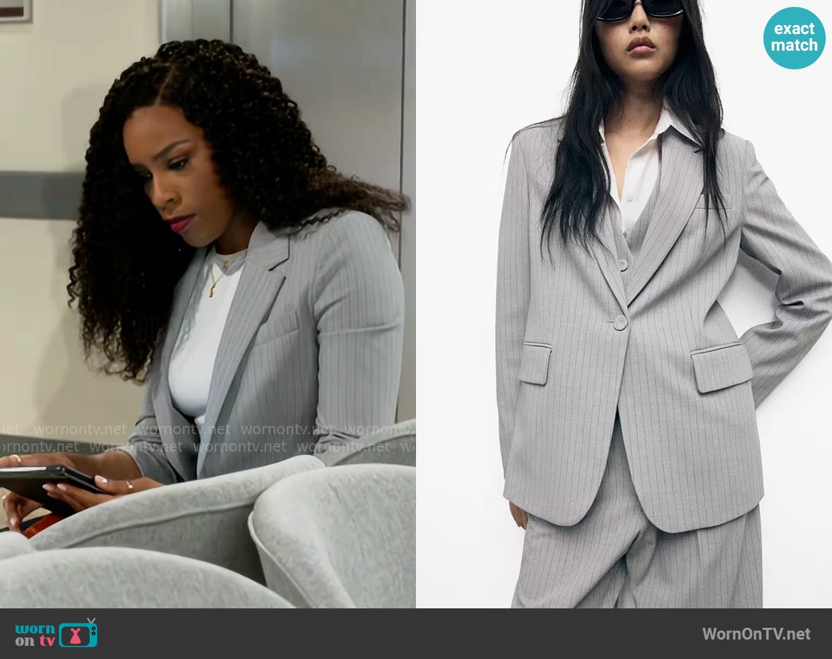 Mango Pinstripe Suit Jacket worn by Naomi Hamilton Hawthorne (Arielle Prepetit) on Beyond the Gates