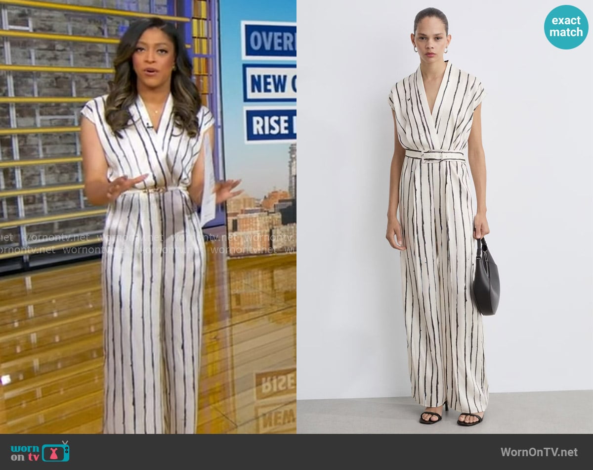 Mango Striped Satin Jumpsuit worn by Morgan Norwood on Good Morning America