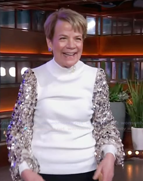 Marin Alsop’s white sequin sleeve sweater on The Kelly Clarkson Show