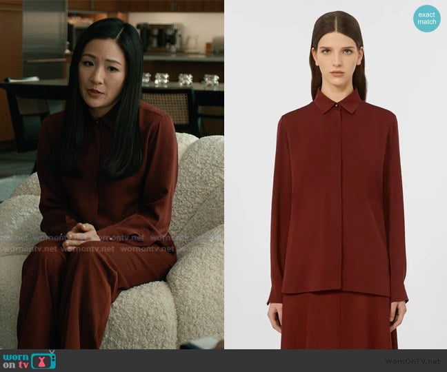 Max Mara pure-silk charmeuse shirt worn by Dr. Mallory Haynes (Constance Wu) on Elsbeth