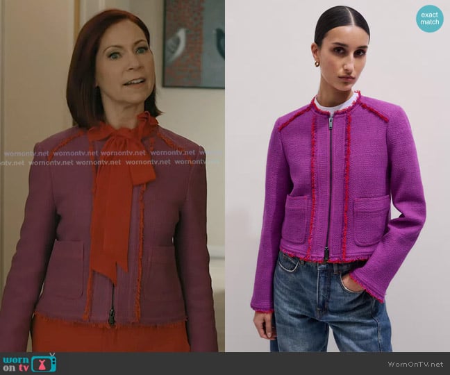 Me + Em Double Zip Crop Jacket in Wildflower Purple worn by Elsbeth Tascioni (Carrie Preston) on Elsbeth