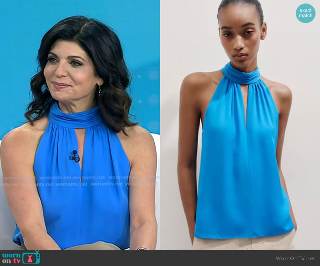 Me + Em Halterneck Top + Tie in Topaz Blue worn by Tamsen Fadal on Today