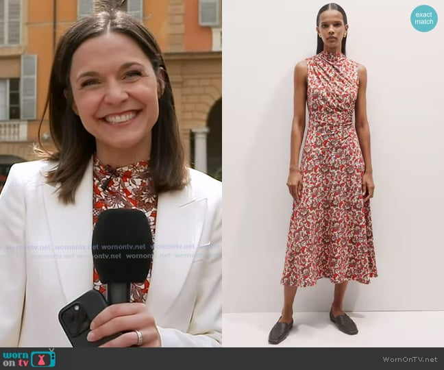 Me + Em Ruched Midi Dress in Poppy Red Multi worn by Maggie Rulli on Good Morning America