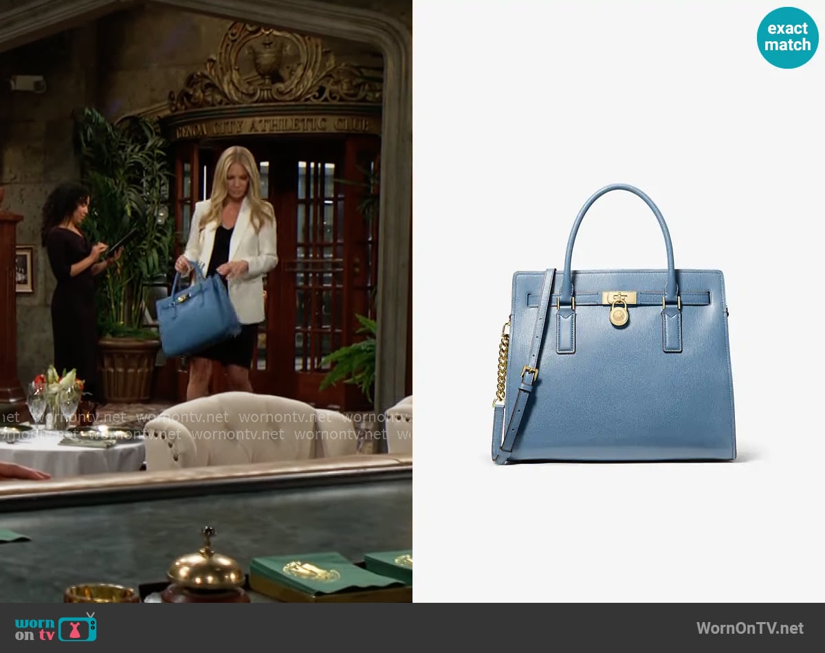 MICHAEL Michael Kors Hamilton Moderne Large Leather Satchel in French Blue worn by Christine Blair Williams (Lauralee Bell) on The Young and the Restless