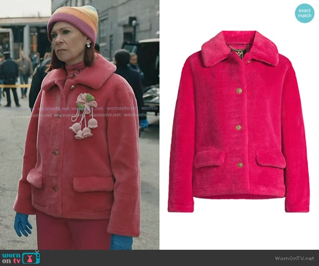 Milly Short Faux-Shearling Jacket in Magenta worn by Elsbeth Tascioni (Carrie Preston) on Elsbeth