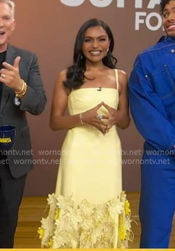 Mindy Kaling’s yellow floral applique dress on Good Morning America