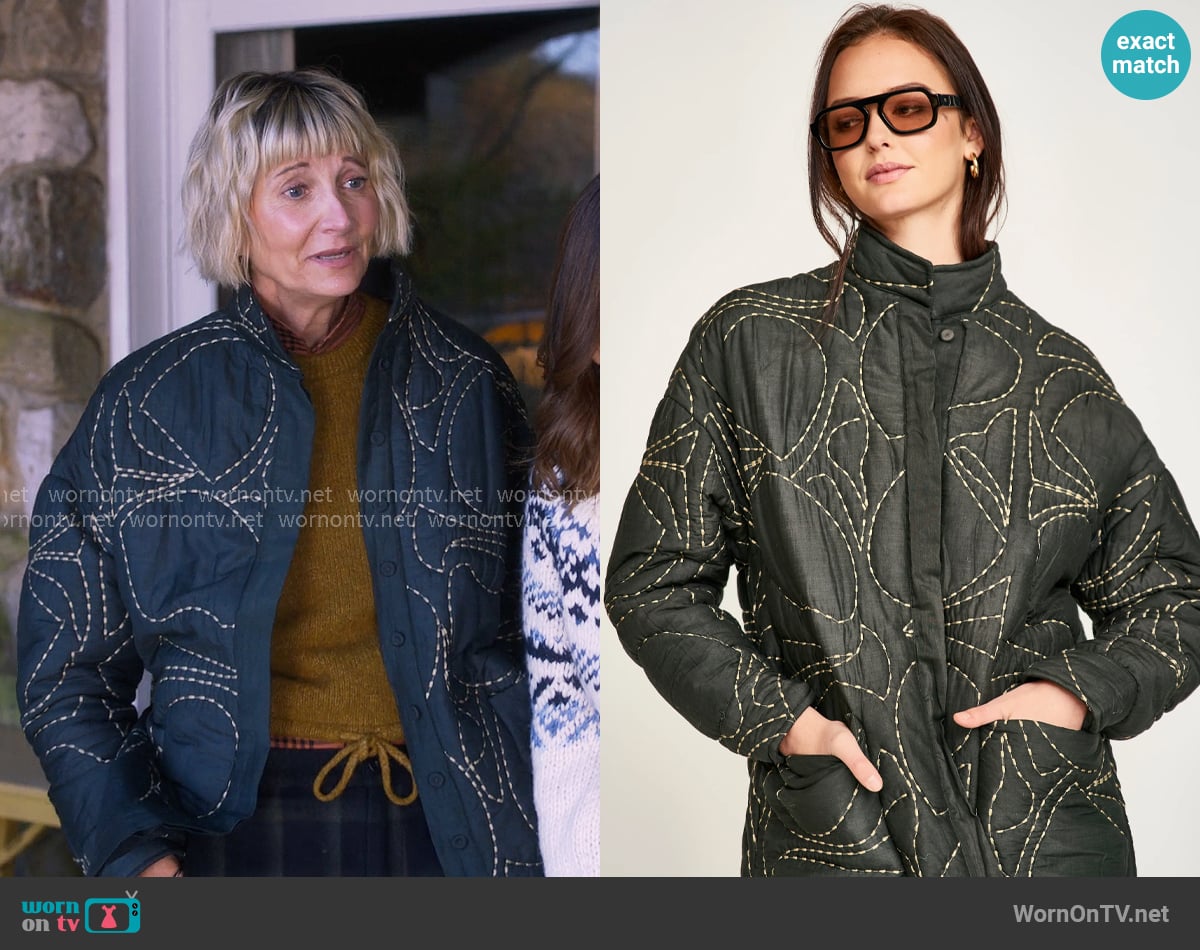 Mirth Tahoe Quilted Jacket in Charcoal Jurassic Kantha worn by Anne (Kerri Kenney) on The Four Seasons