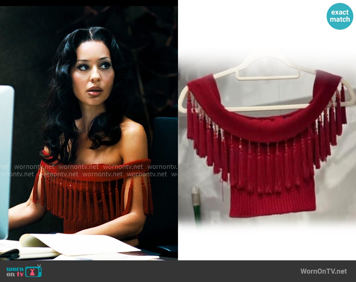 Missoni Vintage Red Off-The-Shoulder Beaded Fringe Top worn by Maddy Perez (Alexa Demie) on Euphoria