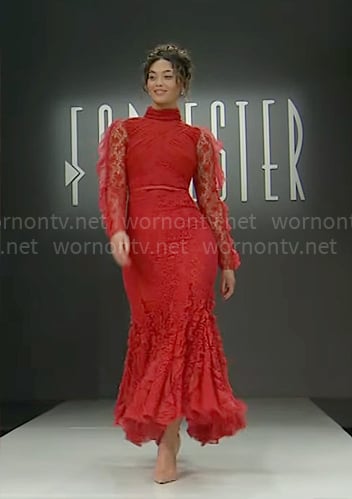 Model’s red lace Forrester Creations dress on The Bold and the Beautiful