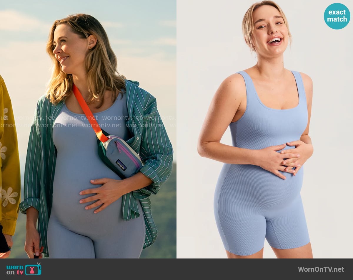 Momanda Ribbed Square Neck Maternity Romper in Moonlight Blue worn by Ginny (Erika Henningsen) on The Four Seasons