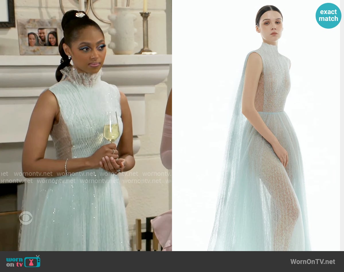 Monstand Blue Smocked Lace Maxi Dress worn by Kat Richardson (Colby Muhammad) on Beyond the Gates