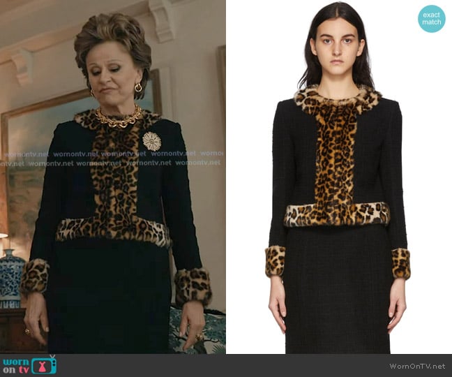 Moschino Leopard Bouclé Jacket in Black worn by Betty Heymouth (Tracey Ullman) on Elsbeth