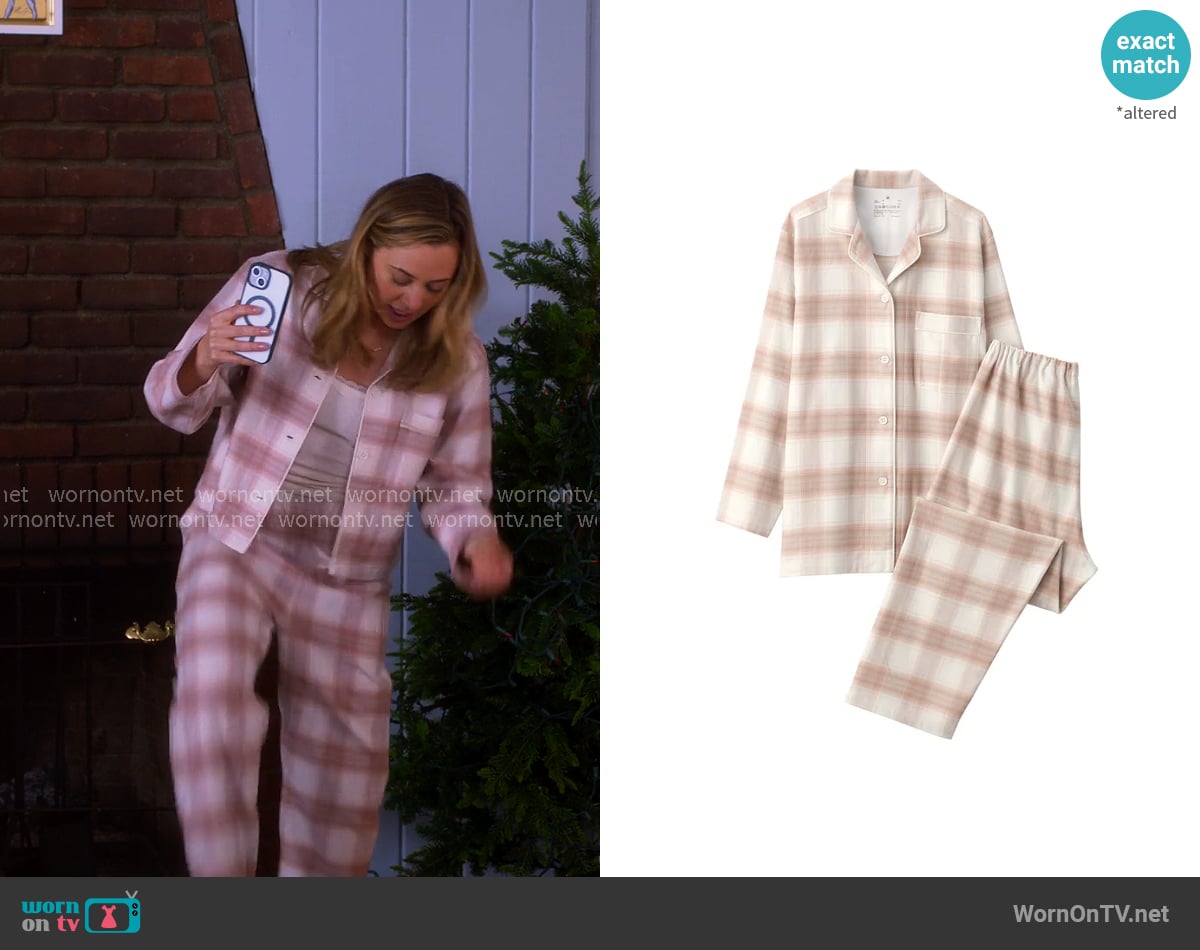 Muji Side Seamless Flannel Pajamas in Pink Check worn by Ginny (Erika Henningsen) on The Four Seasons