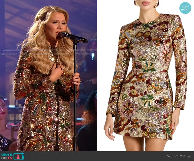Nadine Merabi Camile Embellished Long Sleeve Sheath Cocktail Dress worn by Hannah Harper on American Idol
