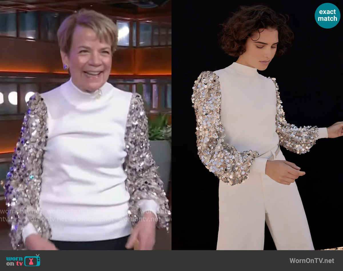 Next Mint Velvet White Sequin Sleeve Jumper worn by Marin Alsop on The Kelly Clarkson Show