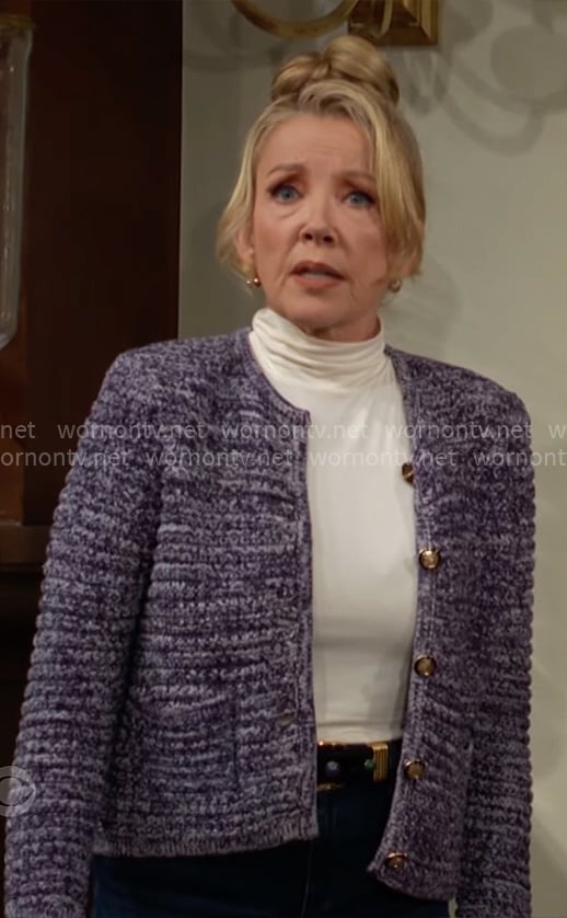Nikki’s navy tweed knit cardigan on The Young and the Restless